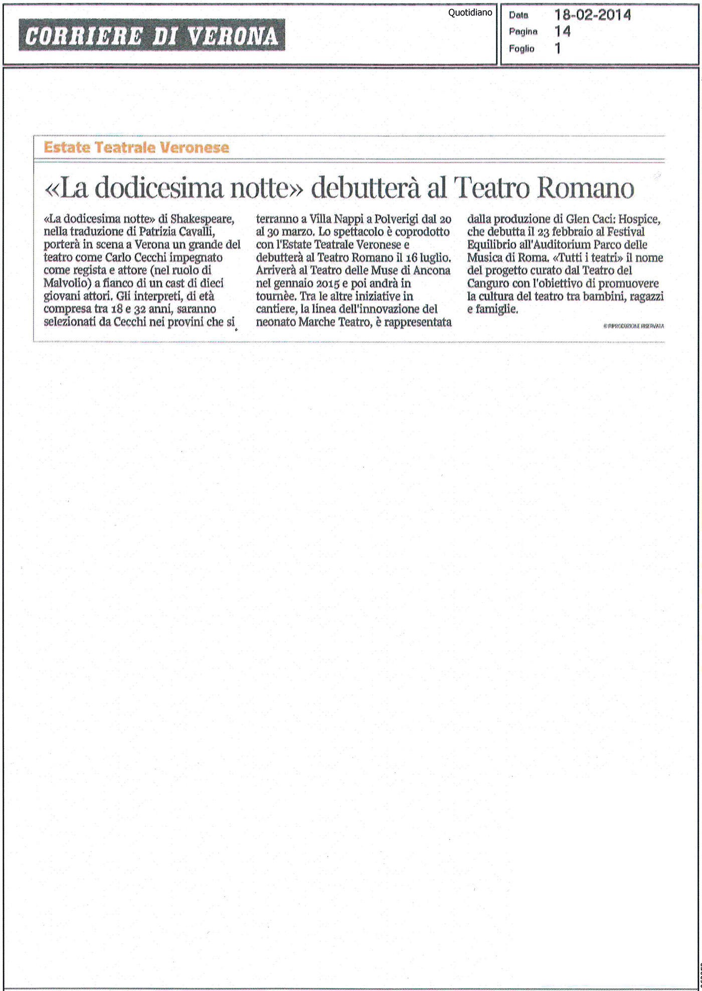 2014.02.18 'La dodicesima notte' debutterà al Teatro Romano - Corriere di Verona